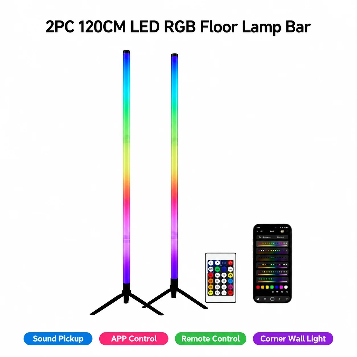 Room Decor Lighting Lamp - 2-pack RGB LED hoeklamp, 120 cm