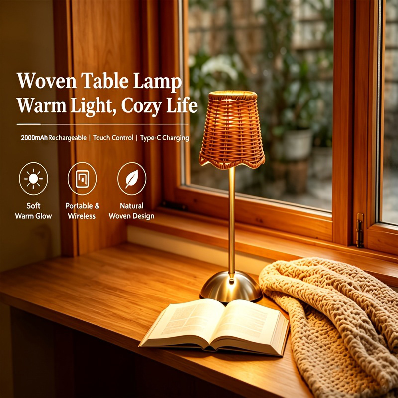 Lighting Decor For Home - Boheemse geweven rotan kunsttafellamp, 3-niveau dimbaar,